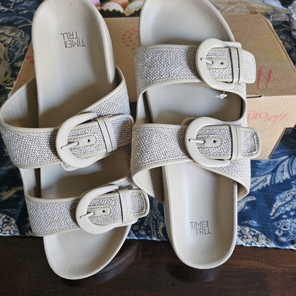 Time and Tru Beige Double Buckle Sandals